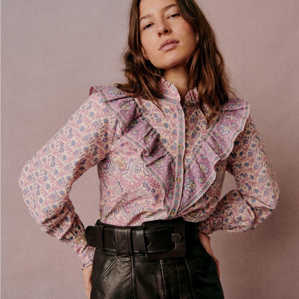 Sezane x Sea NY Gala ruffle shirt Emilia print XS 34